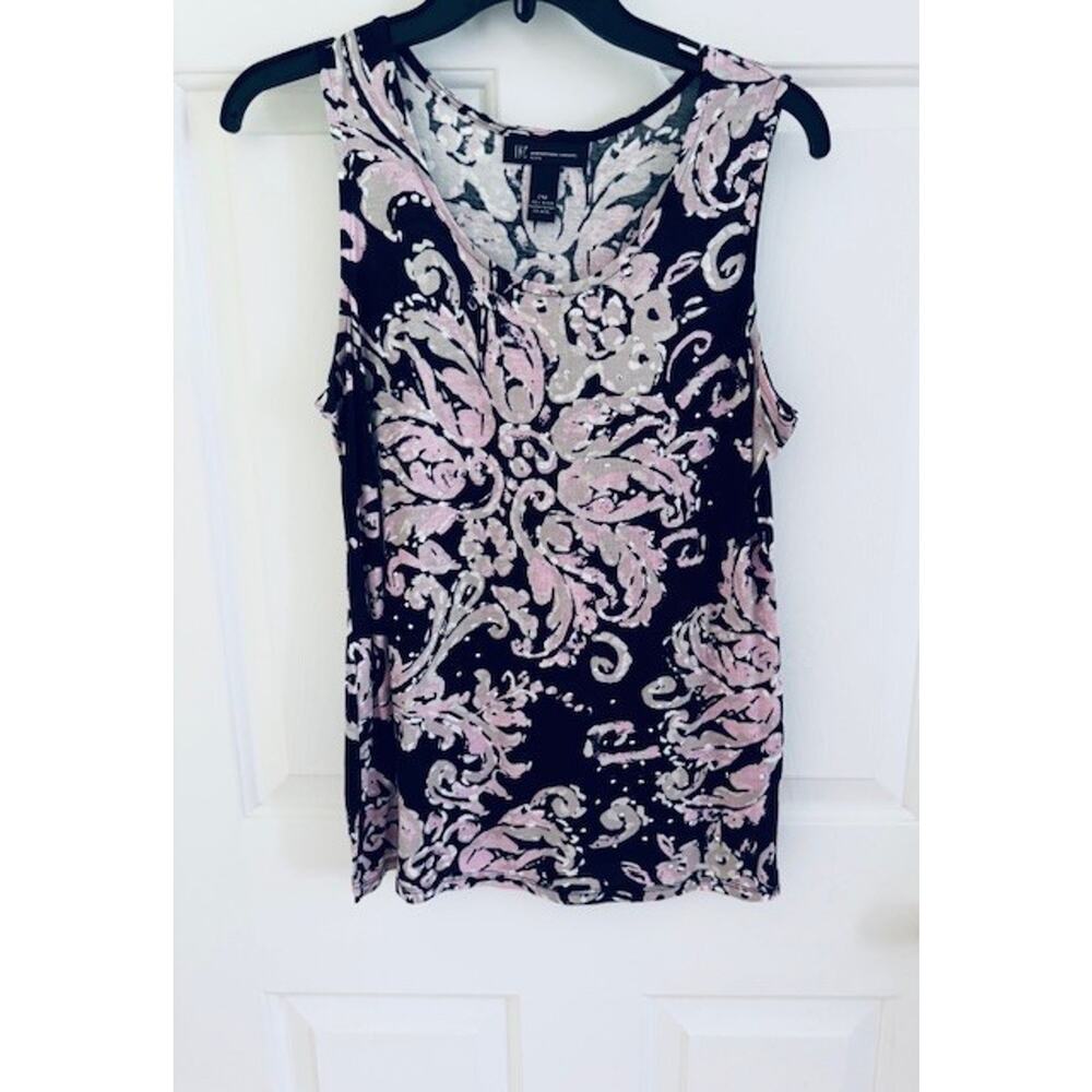 INC Pink Black Paisley Rhinestone Tank Top Size PM Petite Sparkle Dressy EUC